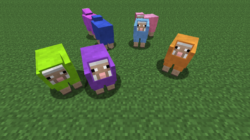 A screenshot from Minecraft of seven sheep of different colors.