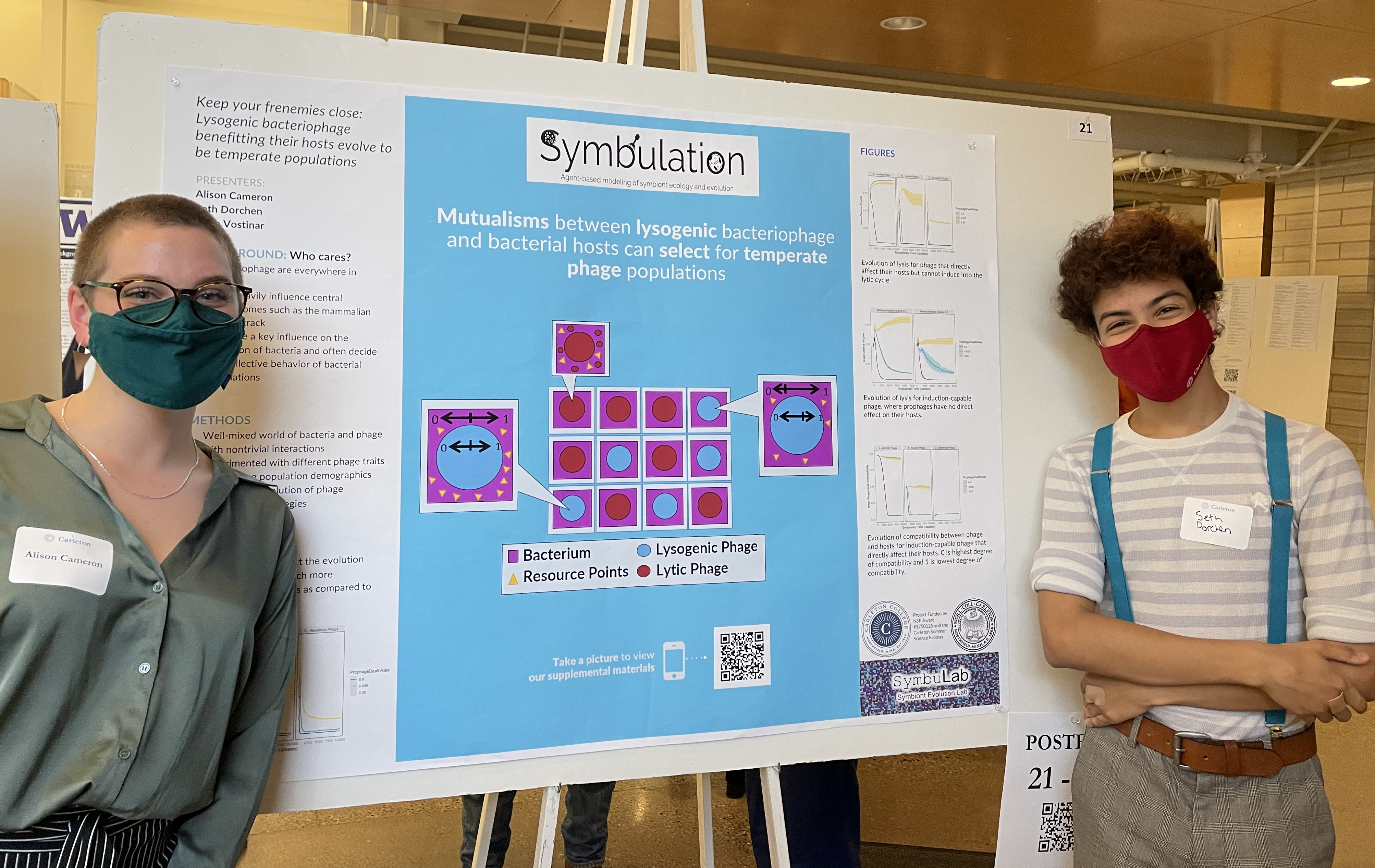 A picture of a research poster with two students standing by it.