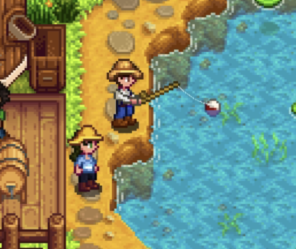 A screenshot from the game Stardew Valley with pixel graphics, showing a human character fishing.
